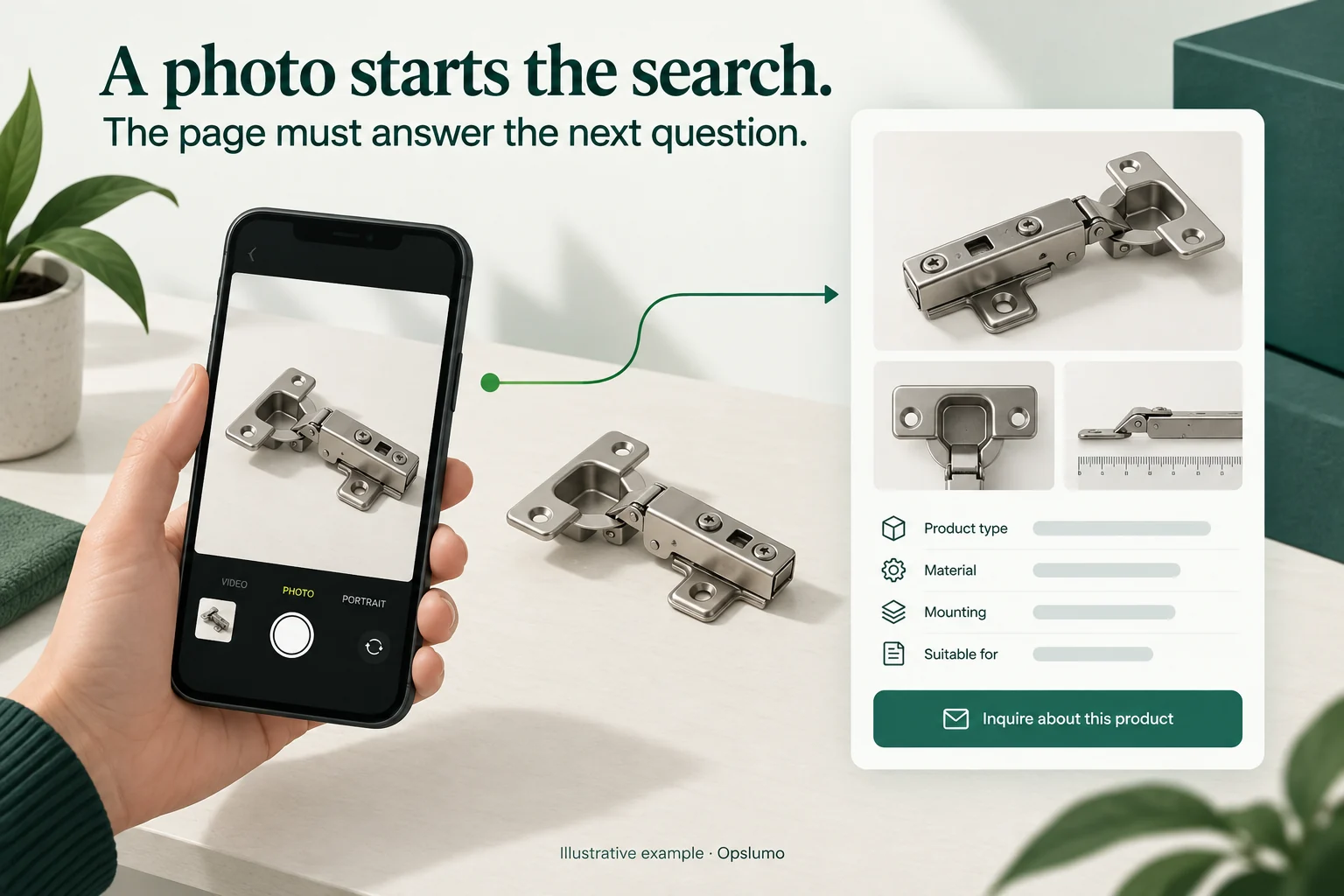 Illustration of a phone photographing a cabinet hinge beside a fictional product page with detail images and an inquiry button.