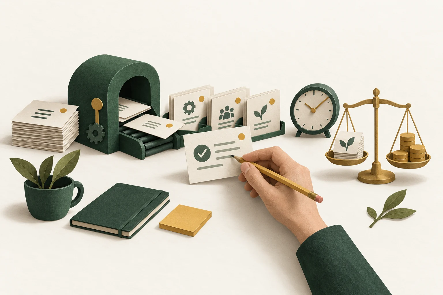 Conceptual illustration of automated job cards passing through human review before time and cost are weighed.