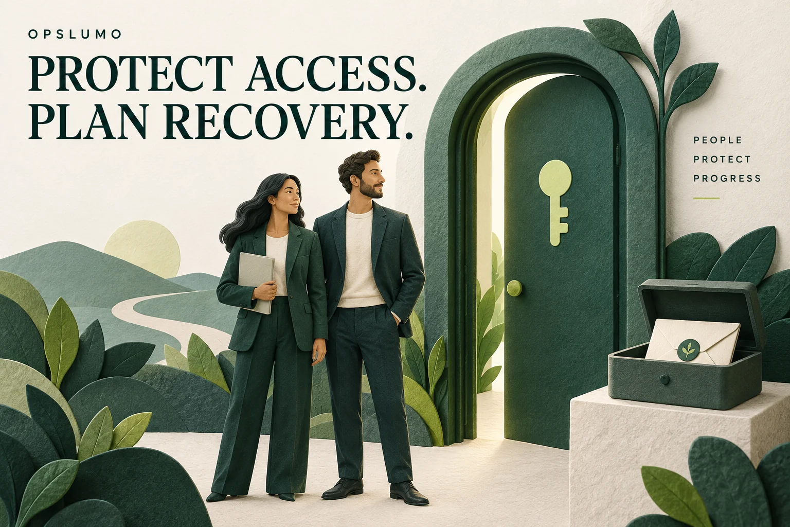 Editorial illustration of a secure business account with a passkey and a separate sealed recovery envelope.