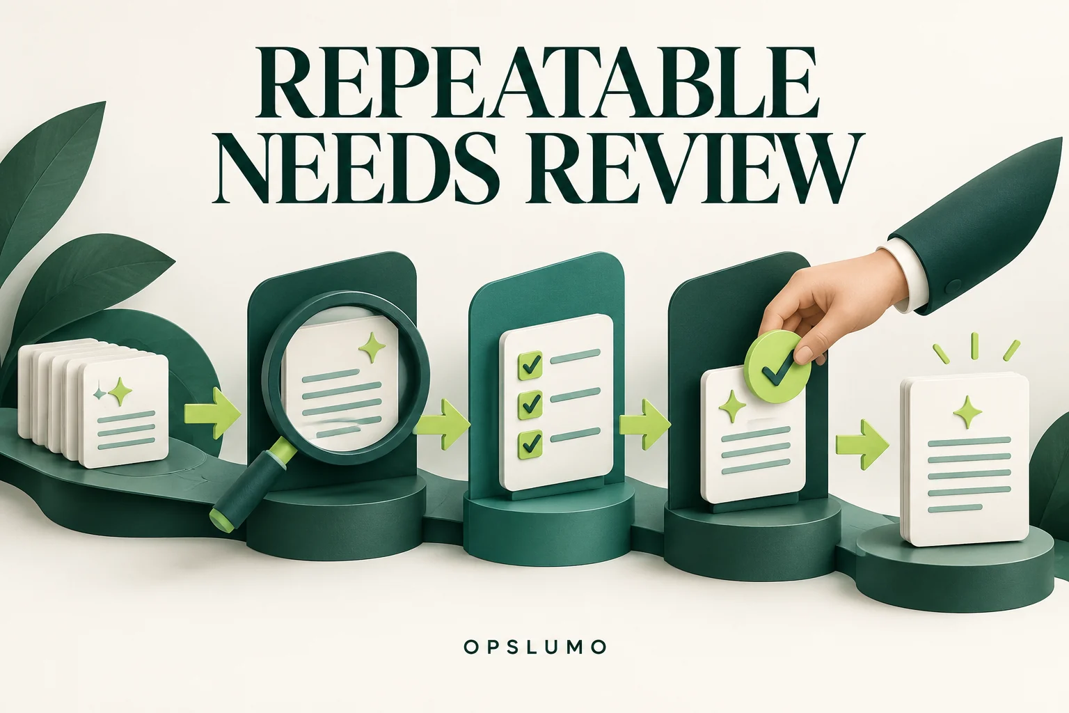 Editorial illustration of reusable AI instructions passing through inspection, checklist, and human review.