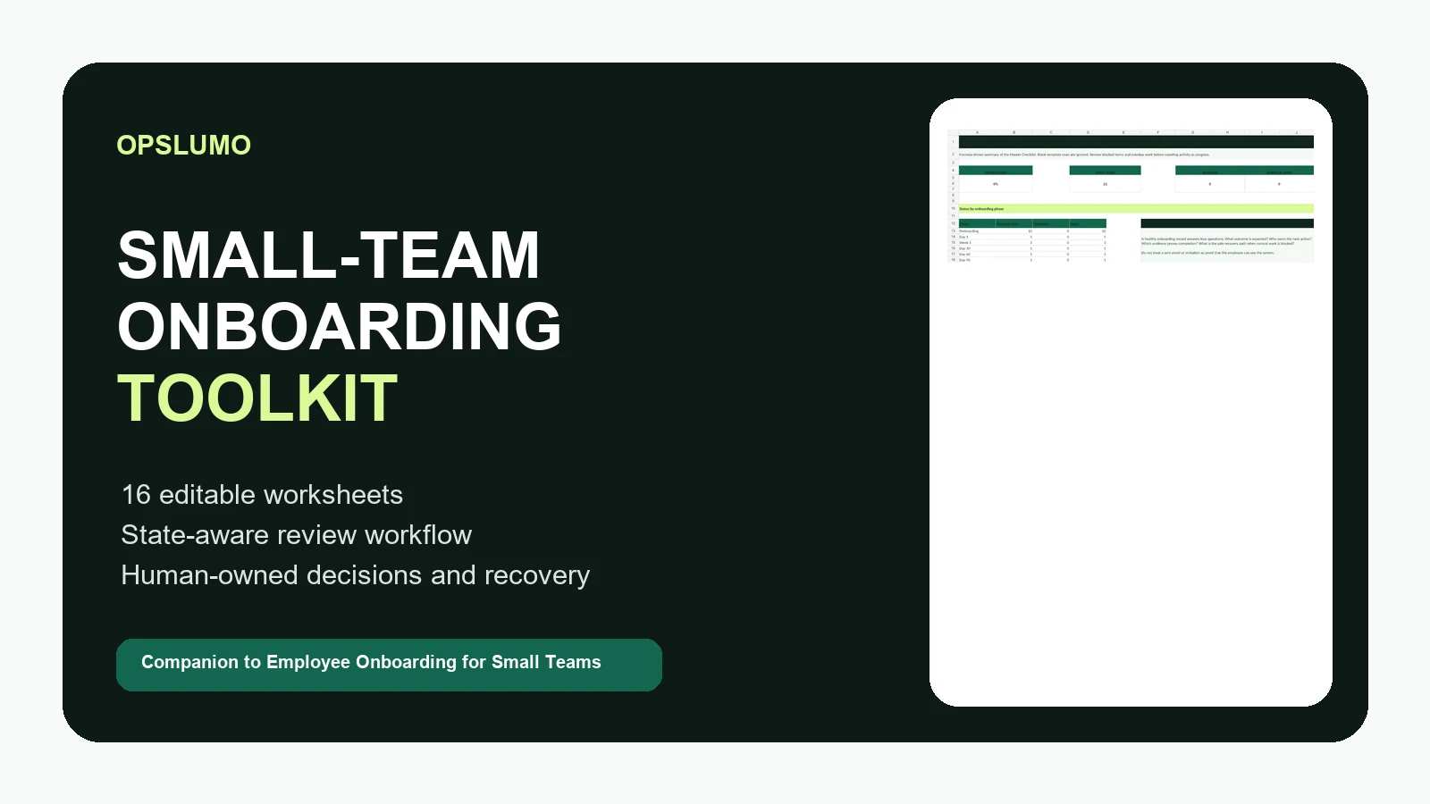 Dark green Opslumo cover for the Small-Team Onboarding Toolkit beside a progress dashboard preview